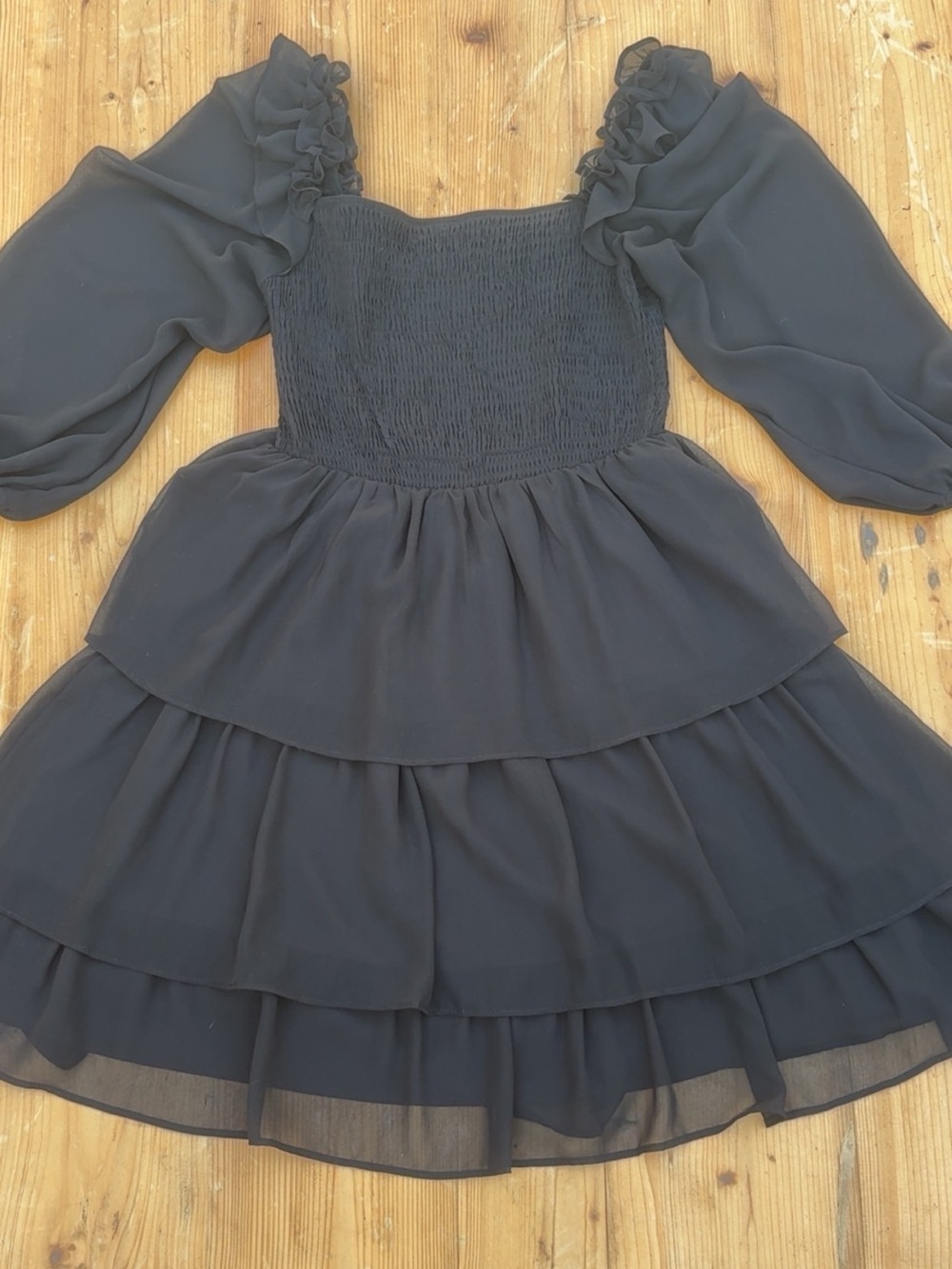 Black Smocked Tiered Chiffon Formal Dress with Puff Sleeves